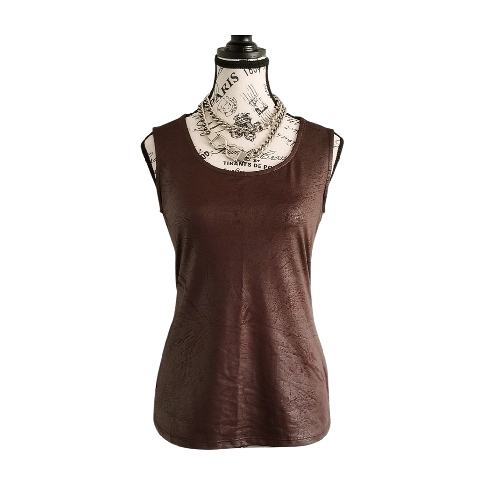 Michel Antoni Brown Distressed Wet Look Fitted Sleeveless Tank Top